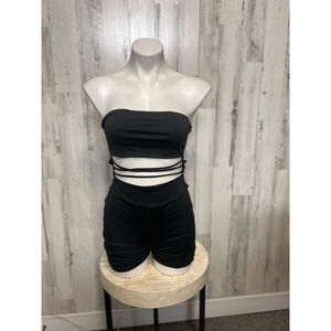 Black Strapless Cutout Ruched Romper – Jade | Size Large | Sexy Tube Top One-Pie